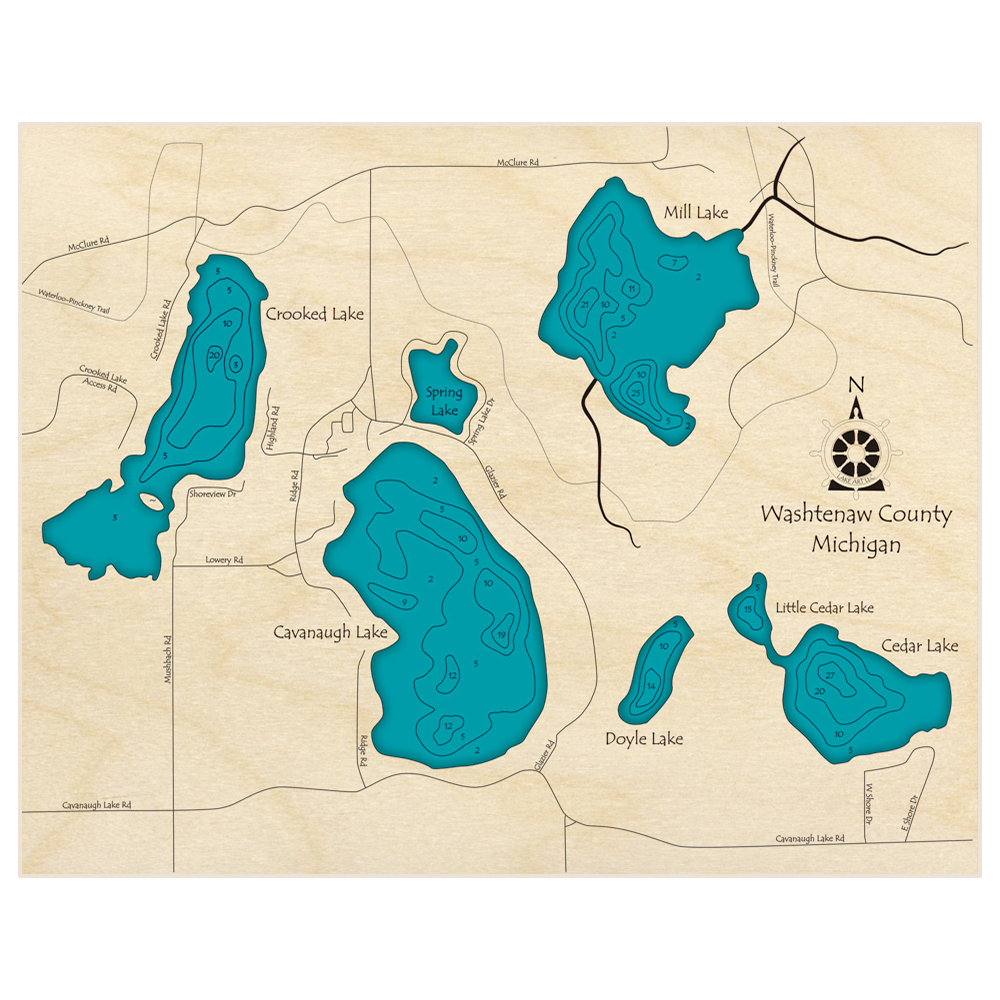 Bathymetric topo map of Crooked Lake with Cavanaugh Mill and Cedar Lakes with roads, towns and depths noted in blue water