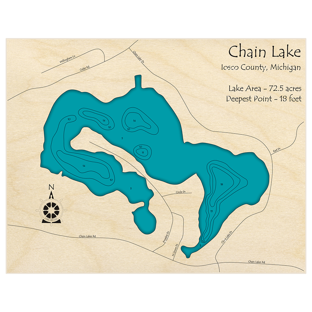 Bathymetric topo map of Chain Lake with roads, towns and depths noted in blue water