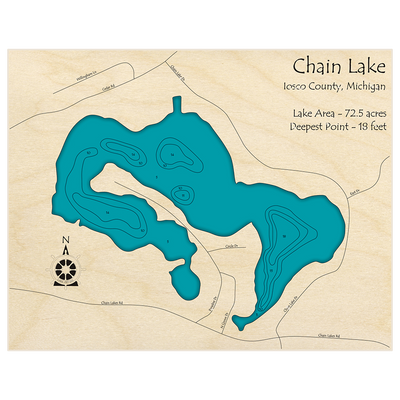Bathymetric topo map of Chain Lake with roads, towns and depths noted in blue water