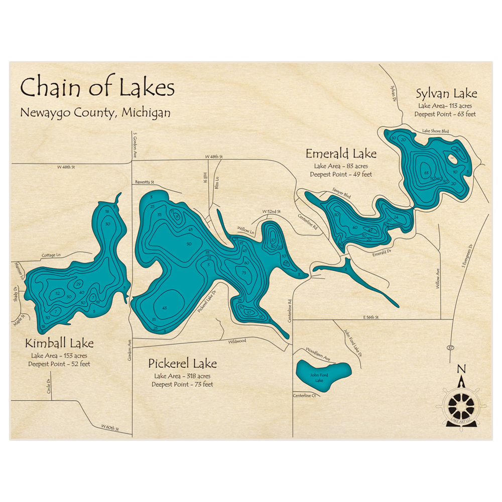 Bathymetric topo map of Pickerel Chain of Lakes (Title Reads Chain of Lakes) with roads, towns and depths noted in blue water