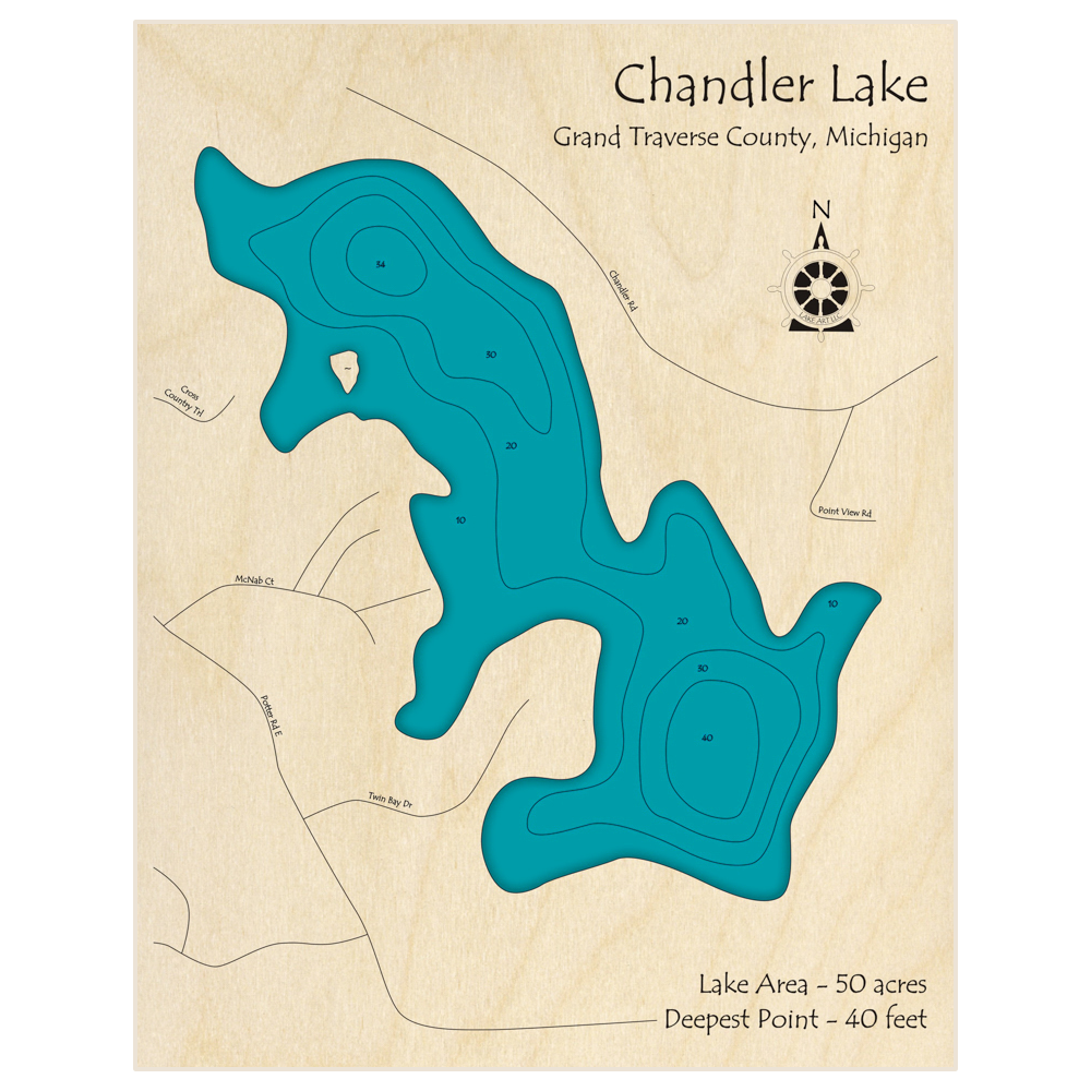 Bathymetric topo map of Chandler Lake with roads, towns and depths noted in blue water