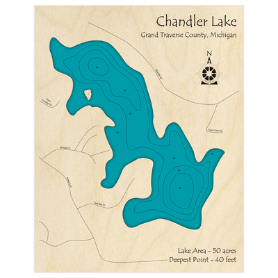 Bathymetric topo map of Chandler Lake with roads, towns and depths noted in blue water