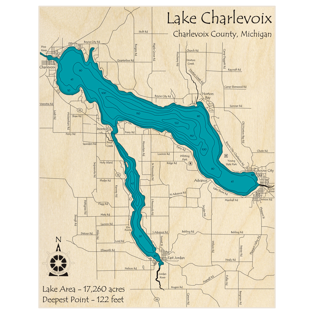 Bathymetric topo map of Lake Charlevoix with roads, towns and depths noted in blue water