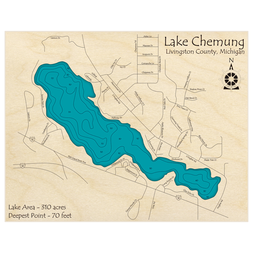 Bathymetric topo map of Lake Chemung with roads, towns and depths noted in blue water