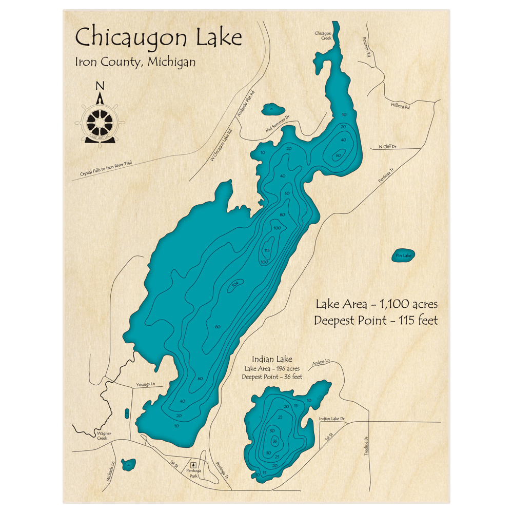 Bathymetric topo map of Chicaugon Lake with roads, towns and depths noted in blue water
