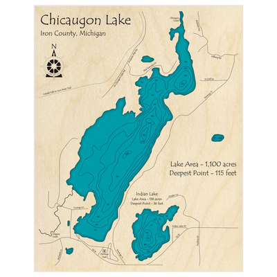 Bathymetric topo map of Chicaugon Lake with roads, towns and depths noted in blue water