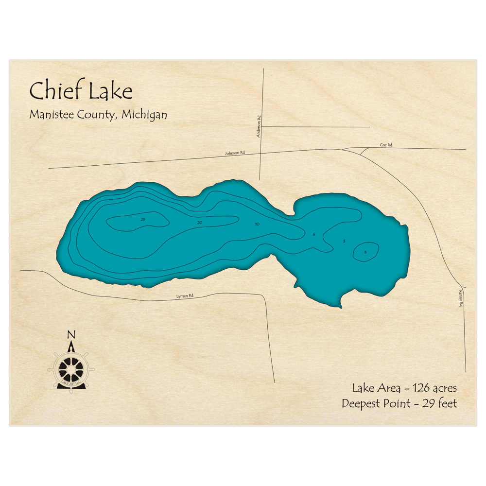 Bathymetric topo map of Chief Lake with roads, towns and depths noted in blue water