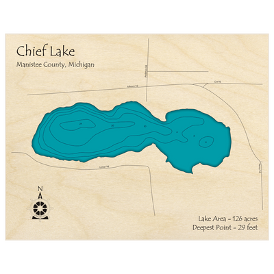 Bathymetric topo map of Chief Lake with roads, towns and depths noted in blue water