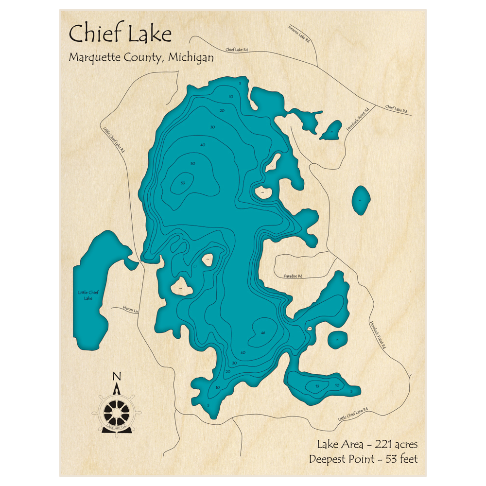 Bathymetric topo map of Chief Lake with roads, towns and depths noted in blue water