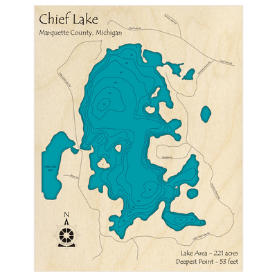 Bathymetric topo map of Chief Lake with roads, towns and depths noted in blue water