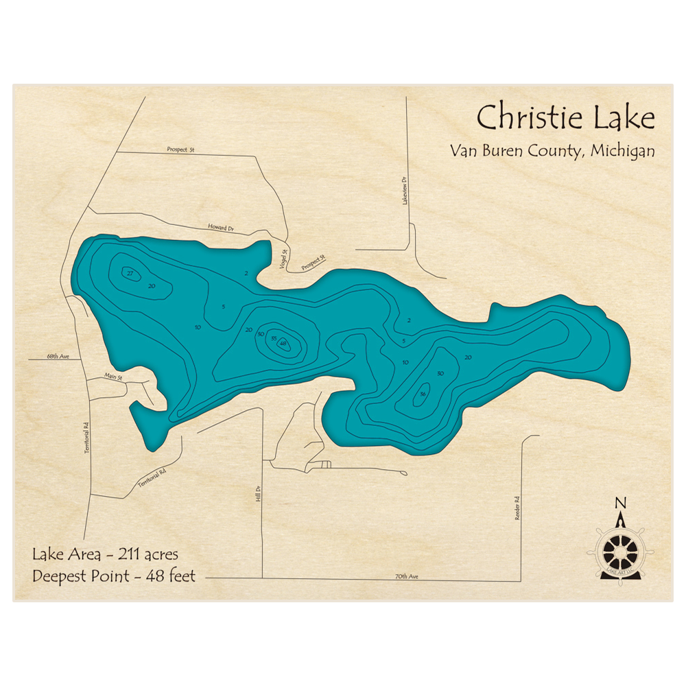 Bathymetric topo map of Christie Lake with roads, towns and depths noted in blue water
