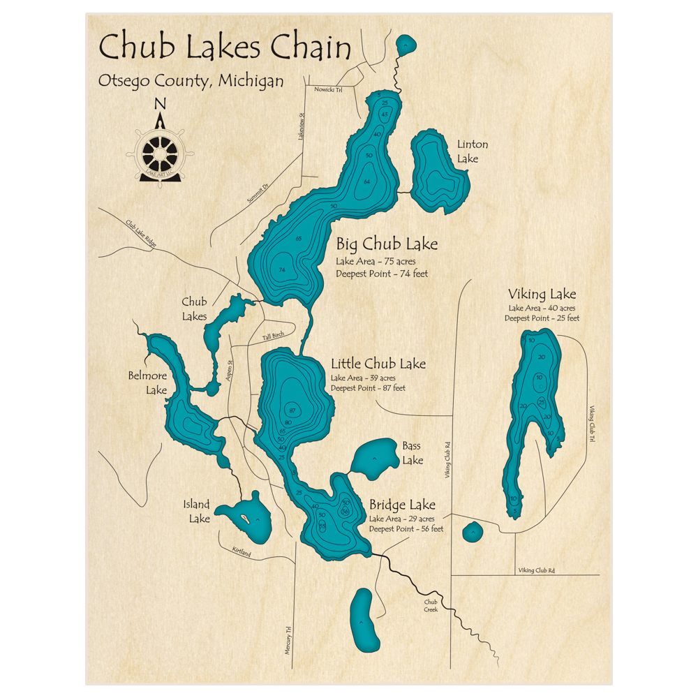 Bathymetric topo map of Chub Lakes Chain with roads, towns and depths noted in blue water
