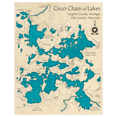 Bathymetric topo map of Cisco Lakes Chain with roads, towns and depths noted in blue water