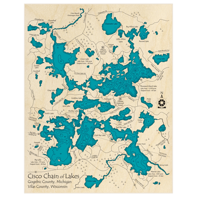 Bathymetric topo map of Cisco Lakes Chain (with Record and Big Africa Lakes) with roads, towns and depths noted in blue water