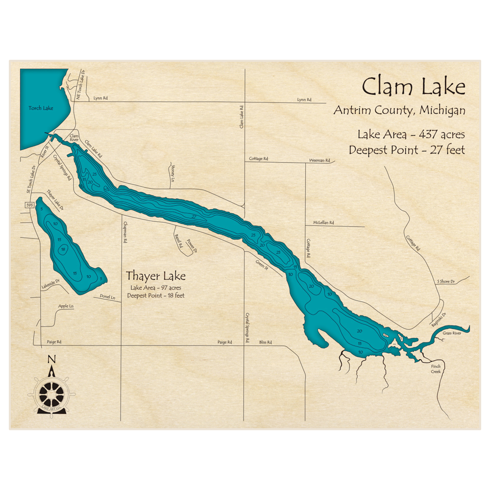 Bathymetric topo map of Clam Lake with roads, towns and depths noted in blue water