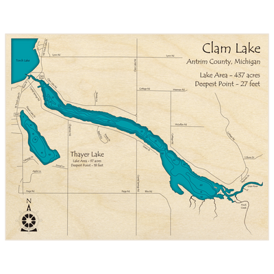 Bathymetric topo map of Clam Lake with roads, towns and depths noted in blue water
