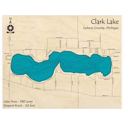 Bathymetric topo map of Clark Lake with roads, towns and depths noted in blue water