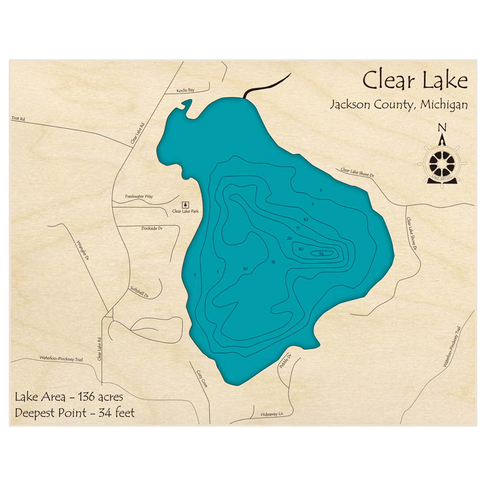 Bathymetric topo map of Clear Lake with roads, towns and depths noted in blue water