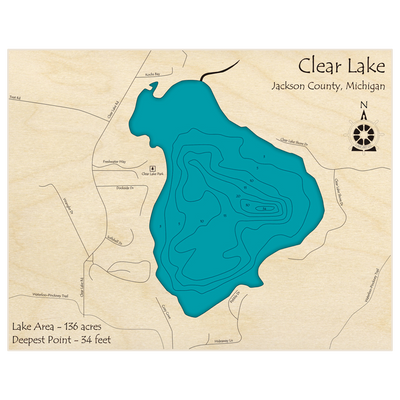 Bathymetric topo map of Clear Lake with roads, towns and depths noted in blue water