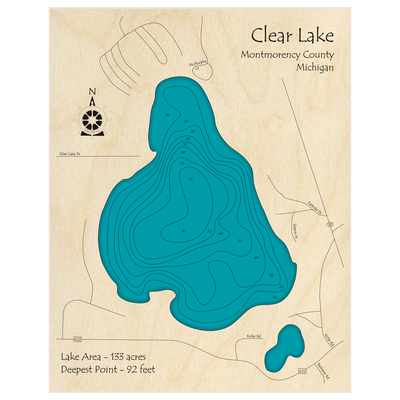 Bathymetric topo map of Clear Lake with roads, towns and depths noted in blue water