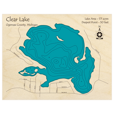 Bathymetric topo map of Clear Lake (foster township) with roads, towns and depths noted in blue water