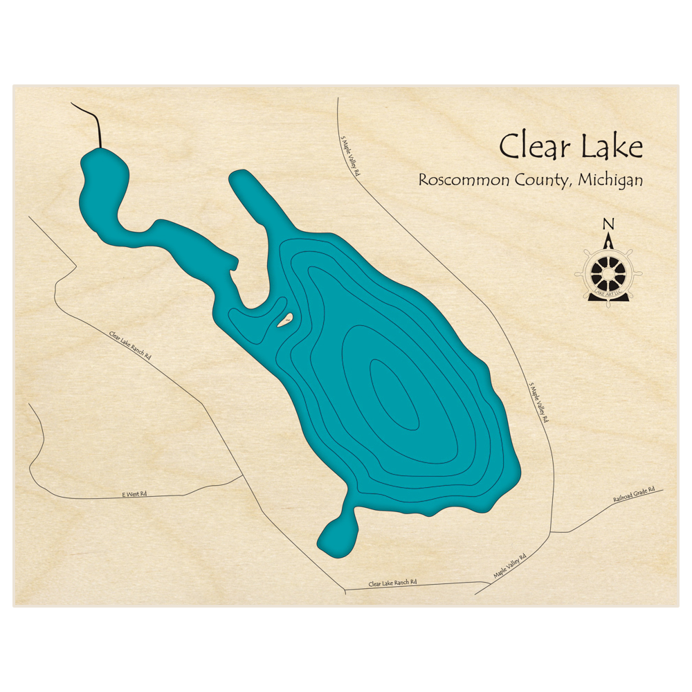 Bathymetric topo map of Clear Lake  with roads, towns and depths noted in blue water