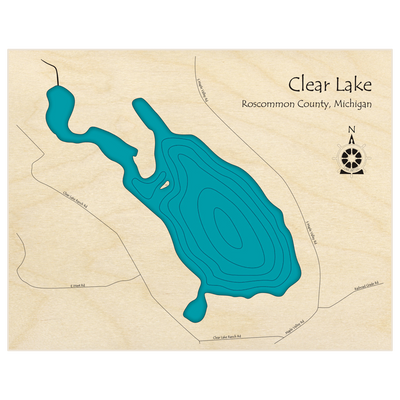 Bathymetric topo map of Clear Lake  with roads, towns and depths noted in blue water