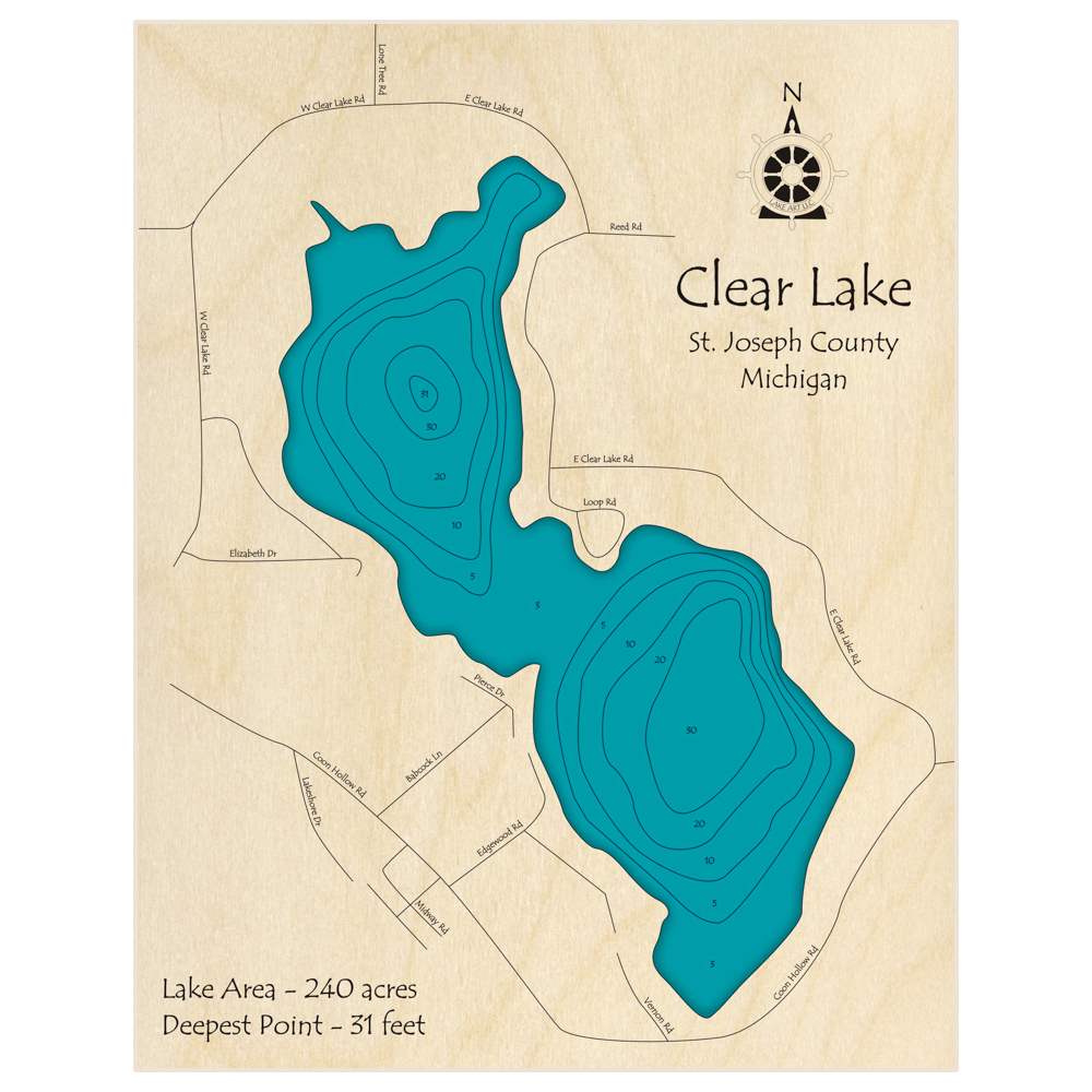 Bathymetric topo map of Clear Lake with roads, towns and depths noted in blue water