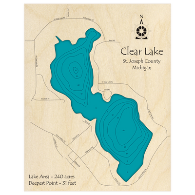 Bathymetric topo map of Clear Lake with roads, towns and depths noted in blue water