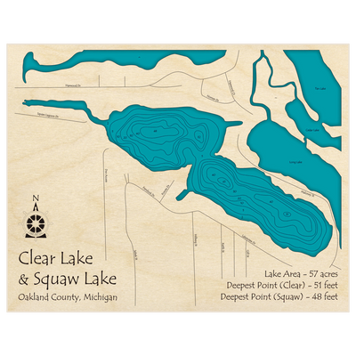 Bathymetric topo map of Clear Lake and Squaw Lake with roads, towns and depths noted in blue water