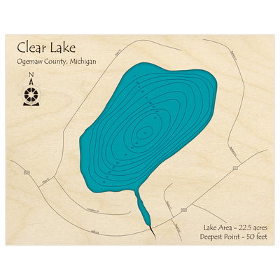 Bathymetric topo map of Clear Lake (near Prescott) with roads, towns and depths noted in blue water