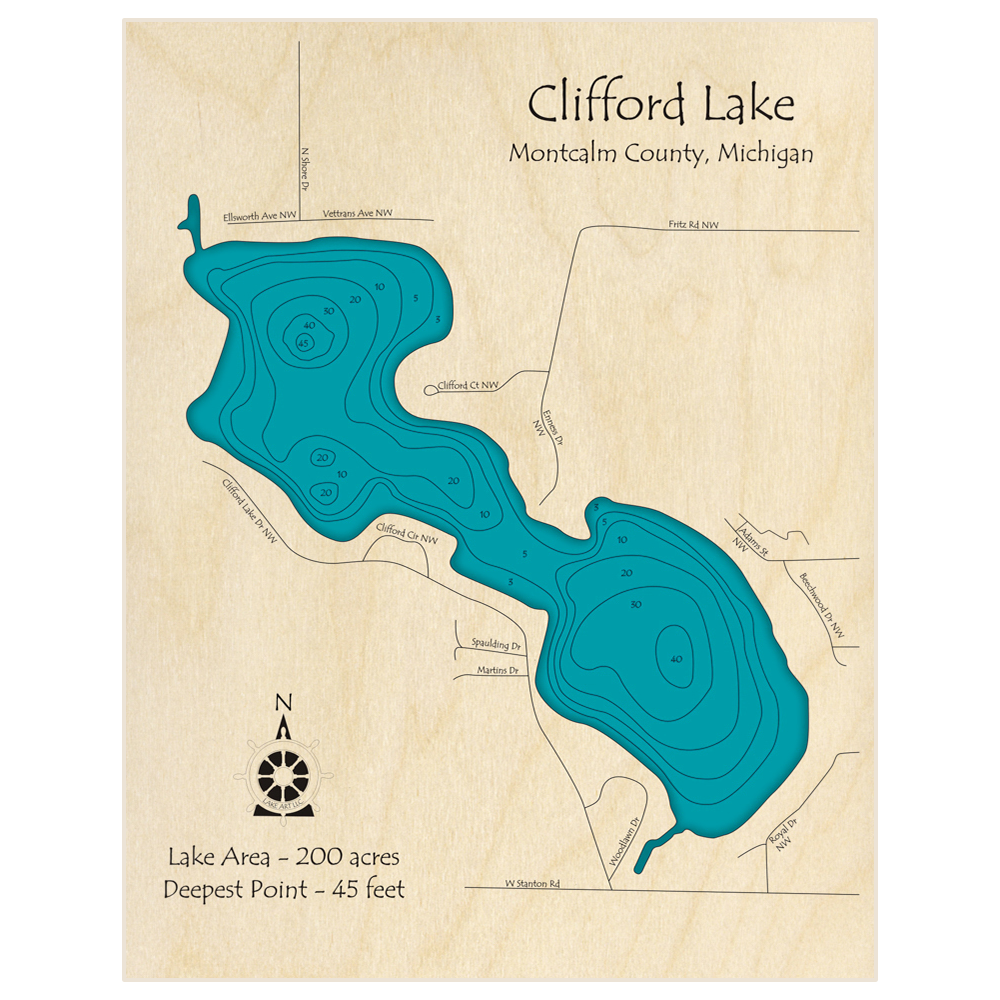 Bathymetric topo map of Clifford Lake with roads, towns and depths noted in blue water