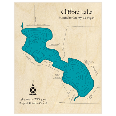 Bathymetric topo map of Clifford Lake with roads, towns and depths noted in blue water