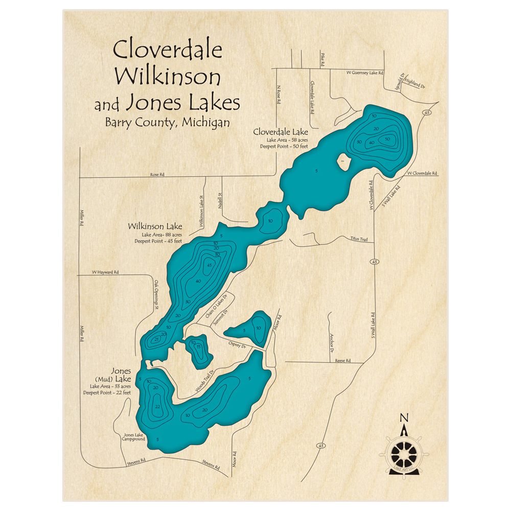 Bathymetric topo map of Cloverdale Lake (With Wilkinson Jones and Mud Lakes) with roads, towns and depths noted in blue water