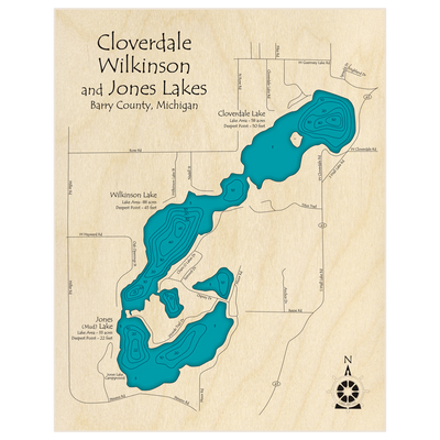 Bathymetric topo map of Cloverdale Lake (With Wilkinson Jones and Mud Lakes) with roads, towns and depths noted in blue water