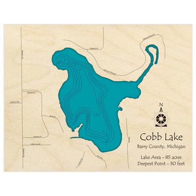 Bathymetric topo map of Cobb Lake with roads, towns and depths noted in blue water