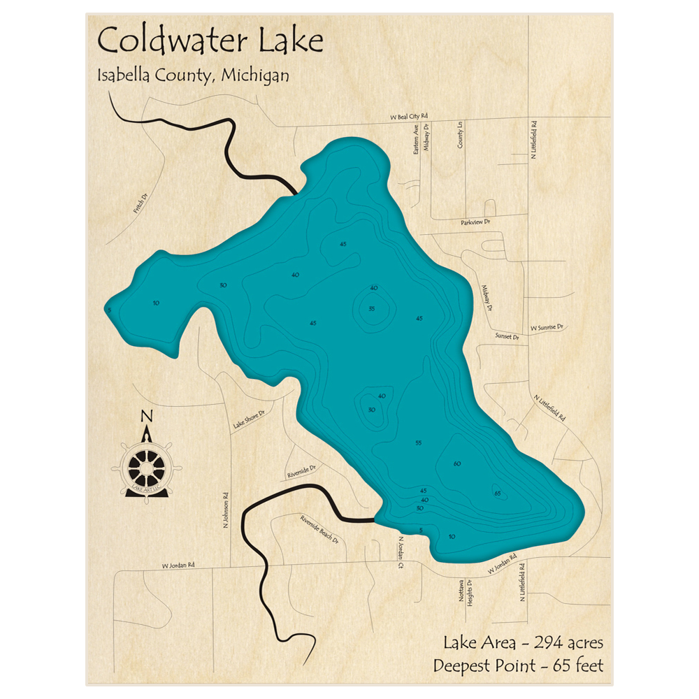 Bathymetric topo map of Coldwater Lake with roads, towns and depths noted in blue water