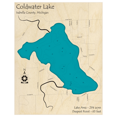 Bathymetric topo map of Coldwater Lake with roads, towns and depths noted in blue water
