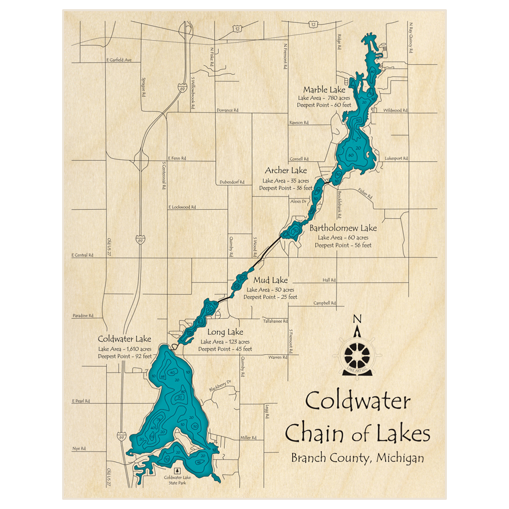 Bathymetric topo map of Coldwater Chain of Lakes with roads, towns and depths noted in blue water