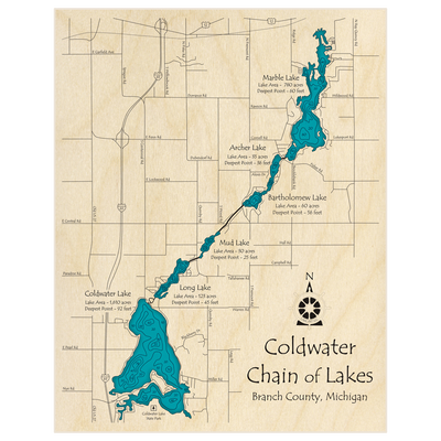Bathymetric topo map of Coldwater Chain of Lakes with roads, towns and depths noted in blue water