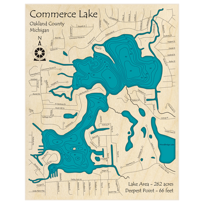 Bathymetric topo map of Commerce Lake with roads, towns and depths noted in blue water
