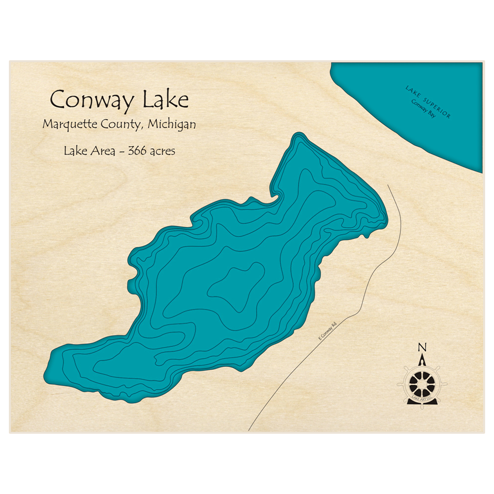 Bathymetric topo map of Lake Conway  with roads, towns and depths noted in blue water