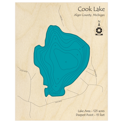 Bathymetric topo map of Cook Lake with roads, towns and depths noted in blue water