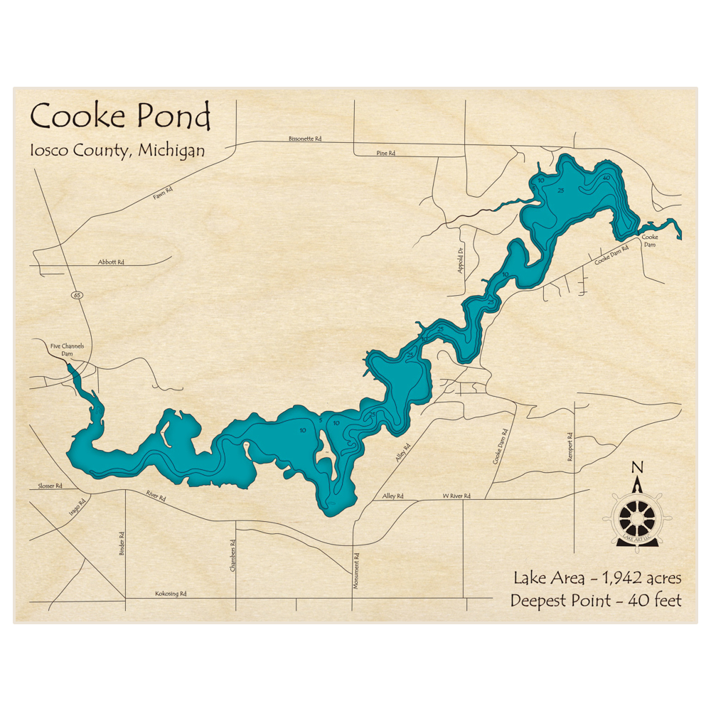 Bathymetric topo map of Cooke Pond with roads, towns and depths noted in blue water