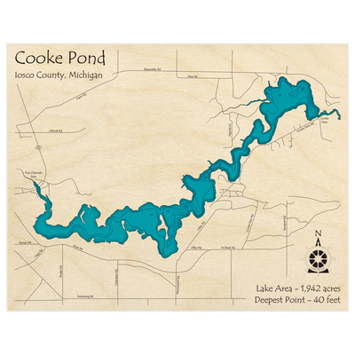 Bathymetric topo map of Cooke Pond with roads, towns and depths noted in blue water