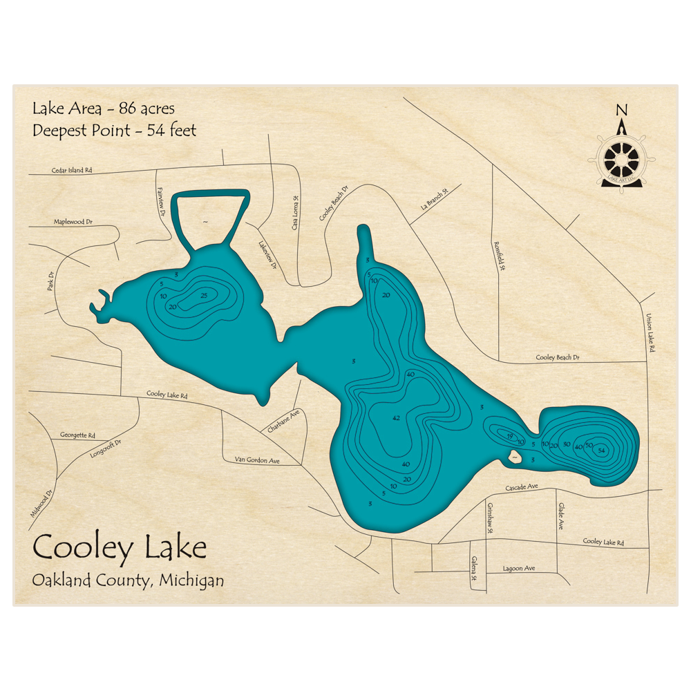 Bathymetric topo map of Cooley Lake with roads, towns and depths noted in blue water