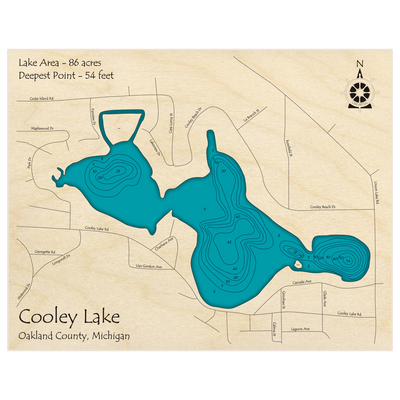 Bathymetric topo map of Cooley Lake with roads, towns and depths noted in blue water