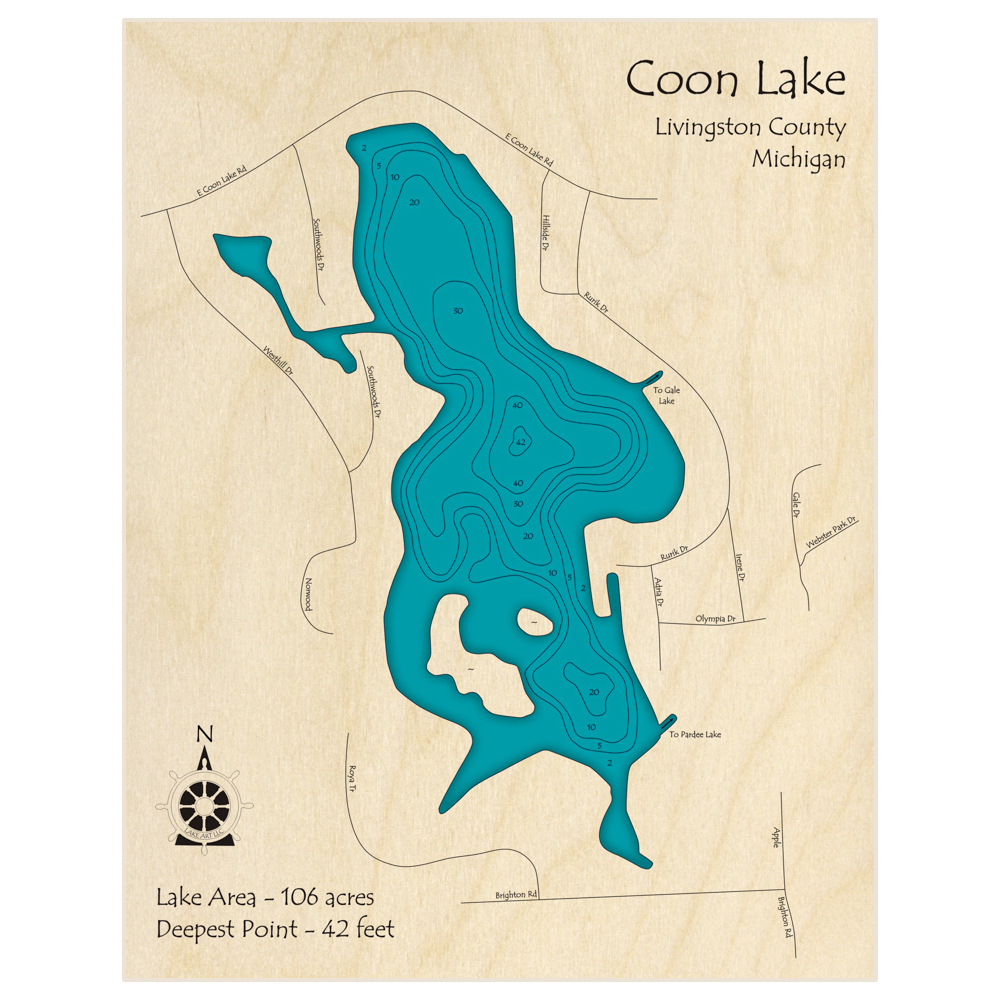 Bathymetric topo map of Coon Lake with roads, towns and depths noted in blue water