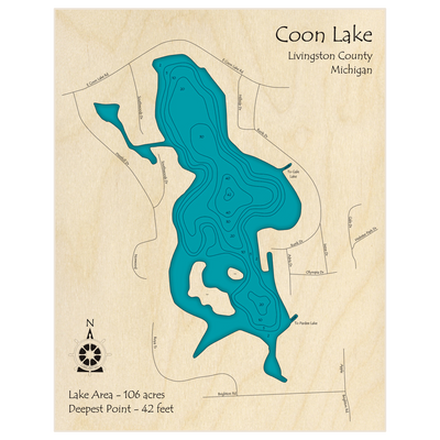 Bathymetric topo map of Coon Lake with roads, towns and depths noted in blue water