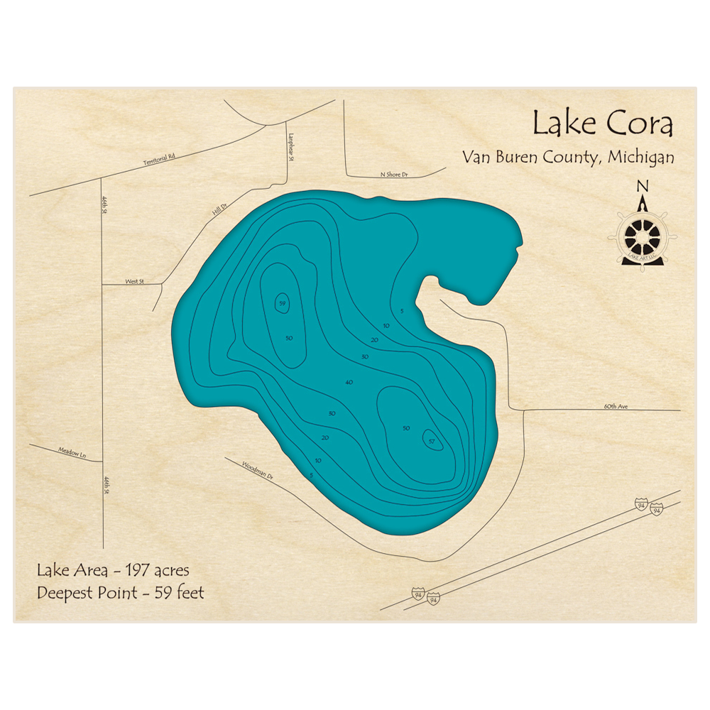 Bathymetric topo map of Lake Cora with roads, towns and depths noted in blue water